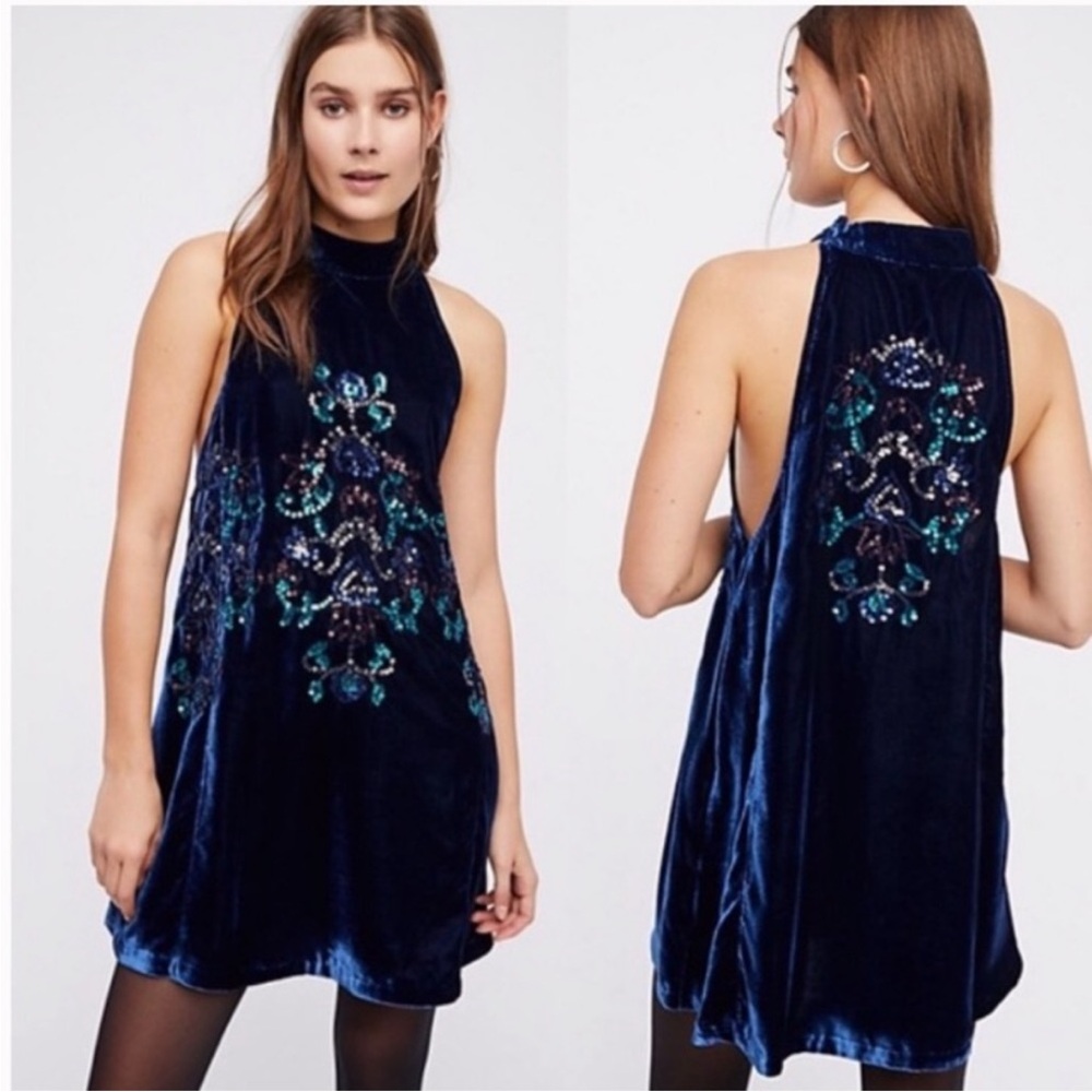 Free People- “Jill” Elegant Navy Blue Velvet Dress